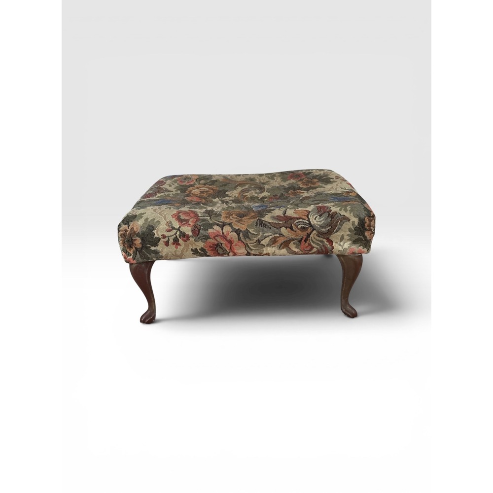 Vintage Powell Floral Tapestry Ottoman Rectangular Footstool Cabriole Legs 15x11